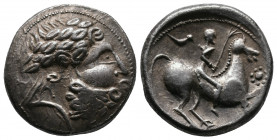 Eastern Europe AR Tetradrachm. Audoleon/Vogelreiter Type. Circa 3rd century BC. Celticised, laureate and bearded head of Zeus to right / Rider on hors...