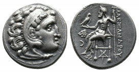 Kings of Macedon. Alexander III 'the Great' AR Drachm (336-323 BC). Av.: Head of Herakles right, wearing lion skin Rv.: AΛΕΞΑΝΔΡΟΥ. Zeus seated left o...