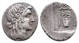 Lycia, Lycian League. AR Hemidrachm Late 1st Century BC-early 1st Century AD Av.: Laureate head of Apollo right; I behind Rv.: Bow and arrow on either...
