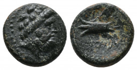 Phoenicia. Arados (2nd century BC). Ae. Dated CY 114 (146/5 BC). Av.: Laureate head of Zeus right Rv.: Prow left; ethnic above, date below (each in Ph...
