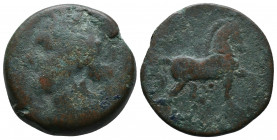 Carthage, Carthage mint, c. 200-146 BC Av.: Head of Tanit l., wearing wheat-ear wreath Rv.: Horse walking r., Punic letter below, pellet under raised ...