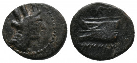 Phoenicia. Arados 241-167 BC. Av.: Turreted and draped bust of Tyche r.; palm over shoulder. Rv.: Athena standing left on prow of galley, club and mon...