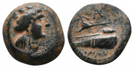 Phoenicia. Arados 241-167 BC. Av.: Turreted and draped bust of Tyche r.; palm over shoulder. Rv.: Athena standing left on prow of galley, club and mon...