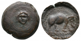 Seleukid Kings of Syria. Antiochos III 'the Great' (222-187 BC). Uncertain (military) mint. Av.: Macedonian shield with gorgoneion in central boss.Rv....