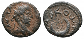 Roman Provincial. Mesopotamia, Carrhae. Caracalla. AD 198-217. Av.: AV T A..., radiate head right Rv.: AP KOω Π, crescent with pendant fillets, above,...