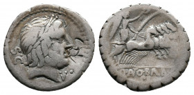 Q. Antonius Balbus. 83-82 BC. AR Serrate Denarius Rome mint. Laureate head of Jupiter right; V• bneath chin / Q. ANTO. BALB. / PR, Victory driving qua...