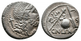 Cn. Lentulus AR Denarius. Spanish mint (?), 76-75 BC. Diademed and draped bust of Genius Populi Romani right; sceptre over shoulder; [G•P•R above] / W...