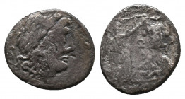 T. Cloulius (Cloelius). 98 B.C. AR quinarius Rome mint. Laureate head of Jupiter right, K· below / T CLOVLI, Victory crowning trophy on top of Gaulish...