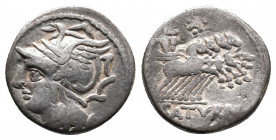 L. Appuleius Saturninus. AR Denarius (104 BC). Rome. Av.: Helmeted head of Roma left. Rev: L SATVRN. Saturn driving quadriga right, holding harpa and ...