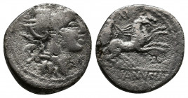 D. Silanus L.f. 91 B.C. AR denarius Rome. AV.: Helmeted head of Roma right; behind, S Rev.: [D · SI]LANVS · [L · F · / ROMA] in two lines in exergue, ...
