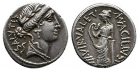 Man. Acilius Glabrio AR Denarius. Rome, 49 BC. Av.: SALVTIS. Laureate head of Salus right. Rv.: MN ACILIVS / III VIR VALETV. Valetudo standing left, h...