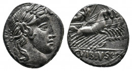 C. Vibius C.f. Pansa, AR Denarius, Rome, 90 BC; Av.: Laureate head of Apollo right; behind, PANSA, Rv.: Minerva in quadriga r., holding reins, spear a...