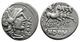 Cn. Domitius Ahenobarbus AR Denarius. Rome, 116-115 BC. Helmeted head of Roma right, curl on left shoulder; X behind; ROMA before / Jupiter driving tr...