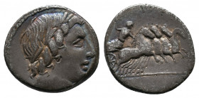 Anonymous, 86 BC. AR Denarius Rome. Av.: Laureate head of Apollo to right; below neck truncation, thunderbolt. Rv.: Jupiter in fast quadriga right, ho...
