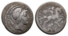 P. Fonteius P.F. Capito. AR Denarius (55 BC). Rome. Av.: P FONTEIVS P F CAPITO III VIR. Helmeted and draped bust of Mars right, with trophy over shoul...