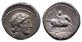 P. Crepusius, 82 BC. AR Denarius Rome. Av.: Laureate head of Apollo to right, with scepter on his far shoulder; control letter behind (off flan) Rev. ...