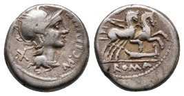M. Cipius M.f 115-114 BC. AR Denarius Rome Av.: Helmeted head of Roma right, M•CIPI•MF before, X behind Rv.: Victory driving galloping biga right, hol...