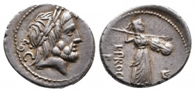 L. Procilius 80 B CE AR Denarius Rome Av.: S. C. Av.: Head of Jupiter facing right Rv.: Juno Sospita advancing right with shield, spear aloft and serp...
