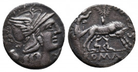 Sex. Pompeius Fostlus, 137 BC. AR Denarius Rome. Av.: Head of Roma to right, wearing winged helmet; behind, jug; before, X (mark of value). Rv.: SEX•P...