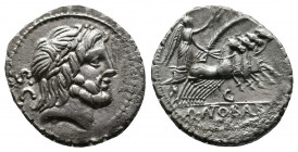 Q. Antonius Balbus AR Serrate Denarius. Rome, 83-82 BC. Laureate head of Jupiter right behind; S•C behind / Victory in quadriga right, holding reins, ...