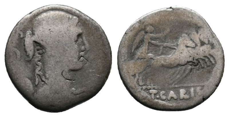 T. Carisius AR Denarius. Rome, 46 BC. Draped and winged bust of Victory to right...