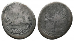 Marc Antony Legionary AR Denarius. Military mint moving with Antony (Patrae?), 32-31 BC. Praetorian galley to right / LEG XIII, aquila between two sta...