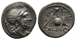 Cn. Lentulus, 76-75 BC. AR Denarius Spain (?). Av.: G · P · R Draped bust of the Genius Populi Romani to right, bearded, his hair bound with a taenia ...