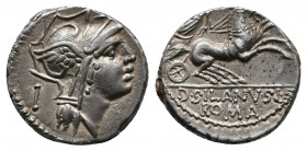 D. Silanus L.f. 91 B.C. AR denarius Rome. Av.: Helmeted head of Roma right; behind, S Rv.: D · SILANVS · L · F · / ROMA in two lines in exergue, Victo...