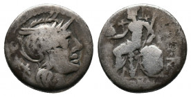 Numerius Fabius Pictor AR Denarius. Rome, 126 BC. Helmeted head of Roma right; [R below chin], mark of value behind / The Flamen Quirinalis: Q. Fabius...