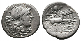 L. Antestius Gragulus. AR Denarius (136 BC). Rome. Av.:: GRAG. Helmeted head of Roma right; mark of value to lower right. Rv.: L ANTES / ROMA. Jupiter...