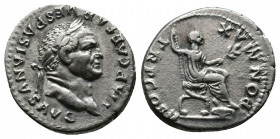 Vespasian AD 69-79. Rome AR Denarius Av.: IMP CAESAR VESPASIAN AVG Laureate head right Rv.: PON MAX TR P COS V, emperor seated right, holding sceptre ...