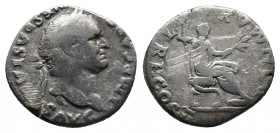 Vespasian AD 69-79. Rome AR Denarius Av.: IMP CAESAR VESPASIAN AVG Laureate head right Rv.: PON MAX TR P COS V, emperor seated right, holding sceptre ...