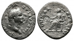 Vespasian AD 69-79. AR Denarius. Rome. Av.: IMP CAESAR VESPASIANVS AVG. Rv.: Laureate head right. R.: PON MAX TR P COS VI. Pax seated left on throne, ...