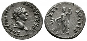 Domitian, as Caesar, 69-81. AR Denarius. Rome, struck under Vespasian, 77-78. Av.: CAESAR AVG F DOMITIANVS Laureate head of Domitian to right. Rv.: CE...