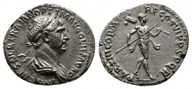 Trajan AD. 98-117. AR Denarius. Rome. Struck 117. Av.: IMP CAES NER TRAIAN OPTIM AVG GER DAC, laureate and draped bust of Trajan right, seen from behi...