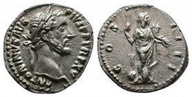 Antoninus Pius AD 138-161. AR Denarius. Rome. Av.: ANTONINVS AVG PIVS P P TR P XV, laureate head to right Rv.: COS III, Fortuna standing facing, head ...
