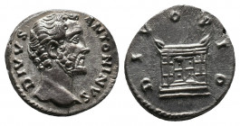 Antoninus Pius AD 138-161. AR Denarius. Rome. Av.: DIVVS ANTONINVS Rv.: DIVO PIO, Altar enclosure with door in front and horns on top. RIC 441; C. 357...