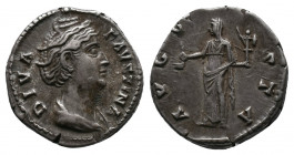 Faustina I (wife of A. Pius) AR Denarius. Rome, AD 141-161. Av.: DIVA FAVSTINA, draped bust right Rv.:AVGVSTA, Vesta standing left holding simpulum an...
