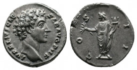 Marcus Aurelius, as Caesar, AR Denarius. Rome, AD 140-144. Av.: AVRELIVS CAE - SAR AVG PII F, bare head right / COS II, Honos, togate, standing, head ...