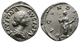 Faustina II. AD 147-176. Denarius. Rome. Struck 161-164. Av.: FAVSTINA - AVGVSTA, draped bust right, double band of pearls in hair / FECVNDITAS, Fecun...