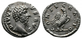 Divus Lucius Verus AR Denarius. Struck under Marcus Aurelius. Rome, AD 169. DIVVS VERVS, bare head right / CONSECRATIO, eagle standing right, head lef...