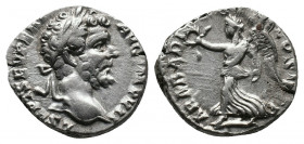 Septimius Severus AR Denarius. Rome, AD 196-197. Av.: L SEPT SEV PERT AVG IMP VIII, laureate head right Rv.: ARAB ADIAB COS II P P, Victory advancing ...