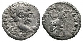 Septimius Severus AR Denarius. Rome, AD 197-198. Av.: L SEPT SEV PERT AVG IMP X, laureate head to right Rv.: PACI AETERNAE, Pax seated to left on thro...