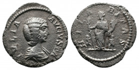 Julia Domna AR Denarius. Rome, AD 196-211. Av.: IVLIA AVGVSTA, draped bust right Rv.: HILARITAS, Hilaritas standing left, holding long palm and cornuc...