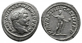 Caracalla AR Denarius. Rome, AD 215. Av.: ANTONINVS PIVS AVG GERM, laureate head to right Rv.: P M TR P XVIIII COS IIII P P, Sol standing facing, head...