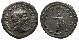 Caracalla AR Denarius. Rome, AD 215. ANTONINVS PIVS AVG GERM, laureate head right / P M TR P XVIII COS IIII P P, Serapis, wearing polos, standing left...