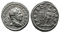 Caracalla AR Denarius. Rome, AD 212-213. Av.: ANTONINVS PIVS AVG BRIT, laureate head to right Rv.: PROFECTIO AVG, Emperor standing to right, holding s...