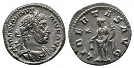 Elagabalus AR Denarius. Rome, AD 218-222. Av.: IMP ANTONINVS PIVS AVG, laureate and draped bust right, with slight beard Rv.: LIBERTAS AVG, Libertas s...
