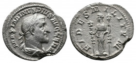 Maximinus Thrax (235-238). AR Denarius. Rome. Av.: MAXIMINVS PIVS AVG GERM. Laureate, draped and cuirassed bust right. Rv.: FIDES MILITVM. Fides stand...