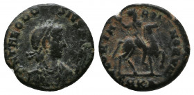 Theodosius I. Cyzicus, Struck AD 379-395. Av.: D N THEODO -SIVS PF AVG, Diademed, draped, and cuirassed bust right Rv.: GLORIA ROMANORVM, Emperor on h...